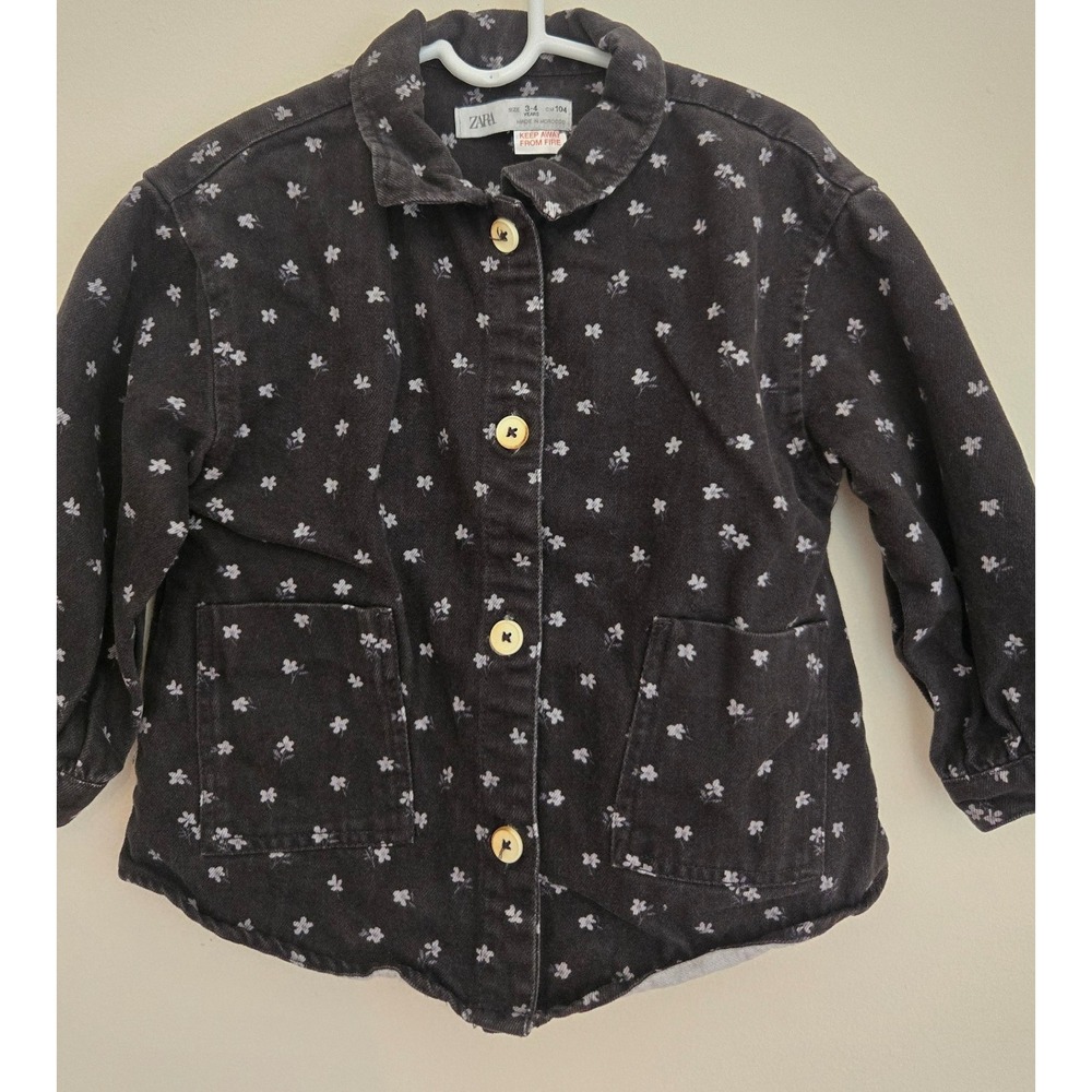 Zara Kids Floral Button Down Shirt Dark Grey Long Sleeve Size 3-4 Years 104cm‎